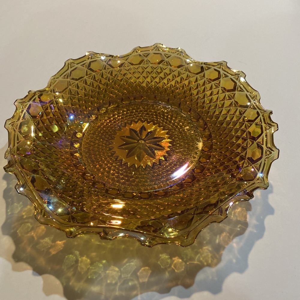 INDIANA Iridescent Carnival Glass Marigold Scalloped Edge Candy Dish Bowl Ruffle